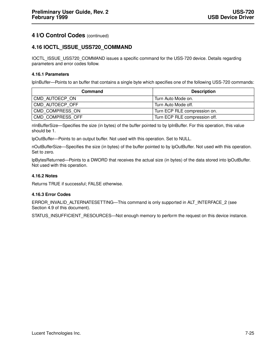 Lucent Technologies USS-720 manual IOCTLISSUEUSS720COMMAND, Command Description 