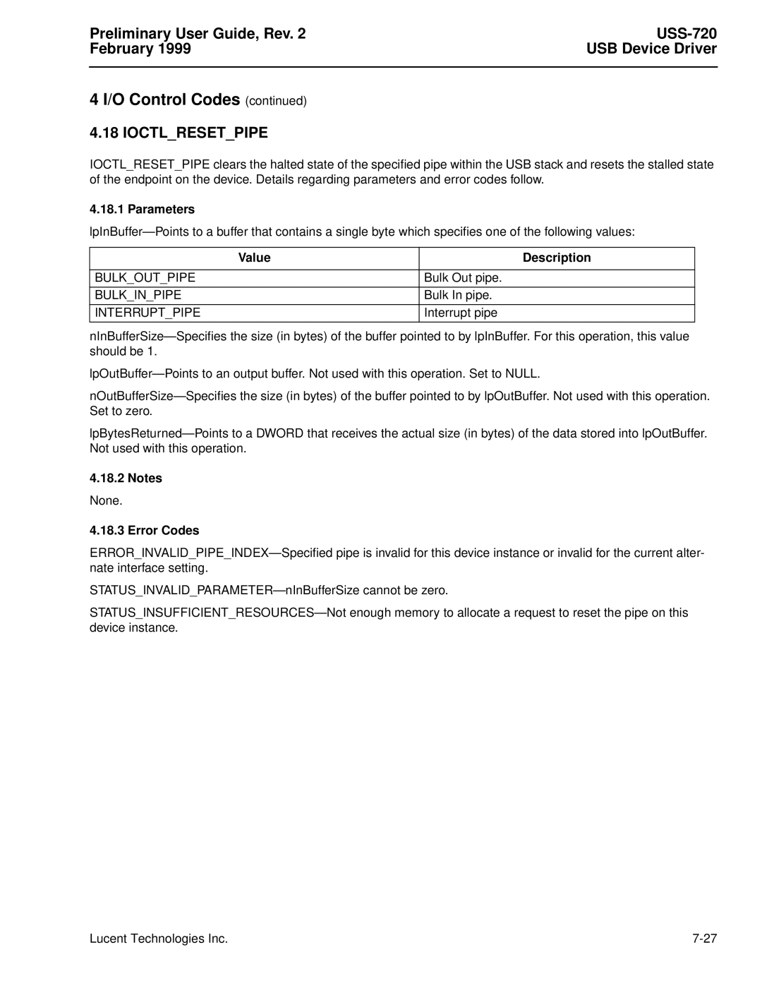 Lucent Technologies USS-720 manual Ioctlresetpipe, Value Description 