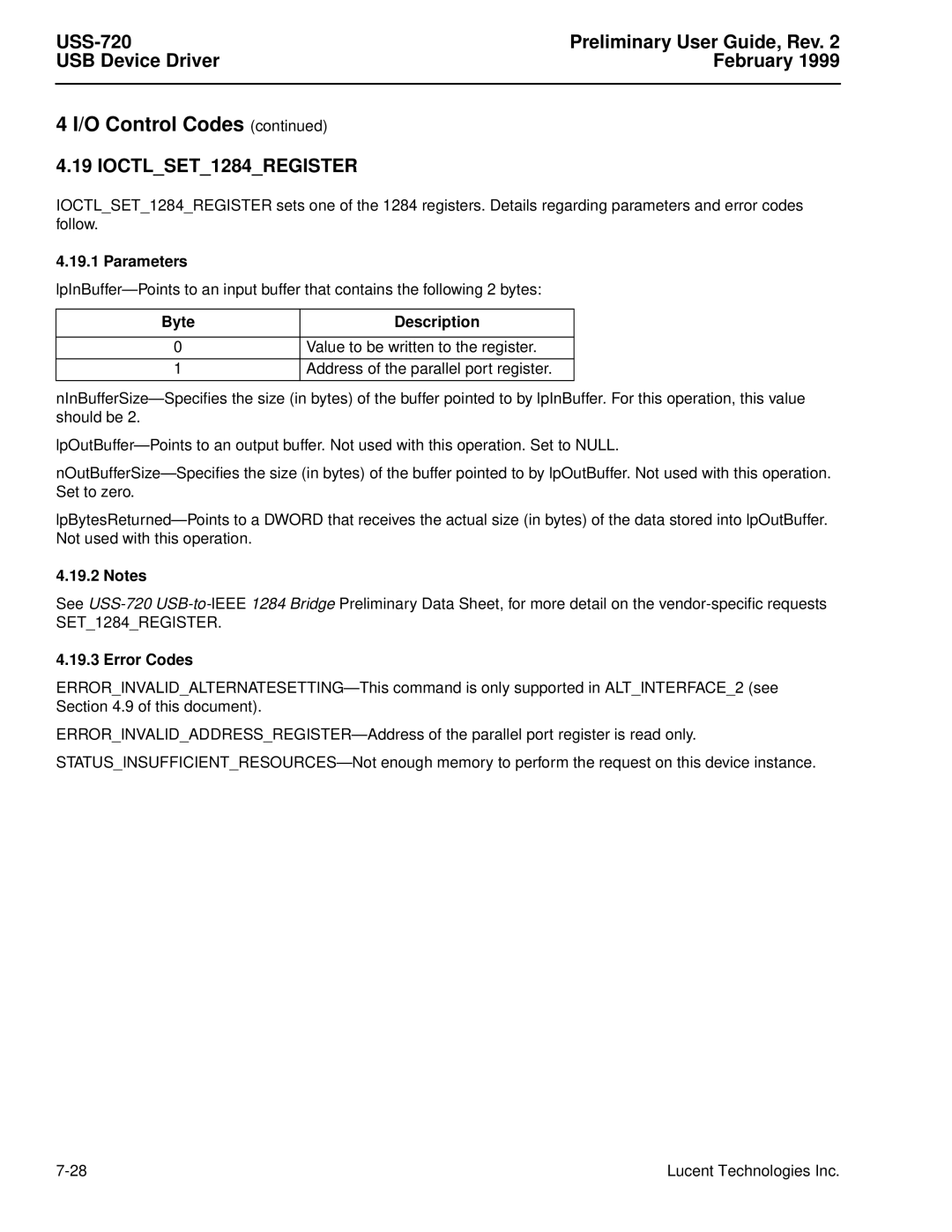 Lucent Technologies USS-720 manual IOCTLSET1284REGISTER 