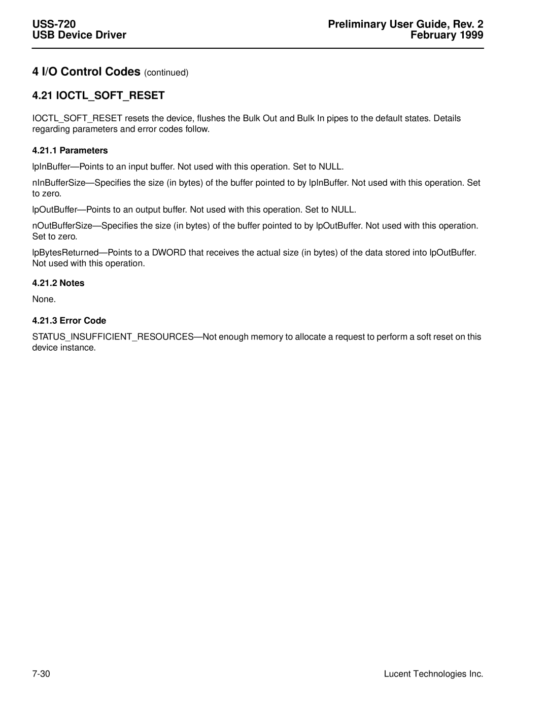 Lucent Technologies USS-720 manual Ioctlsoftreset, Error Code 