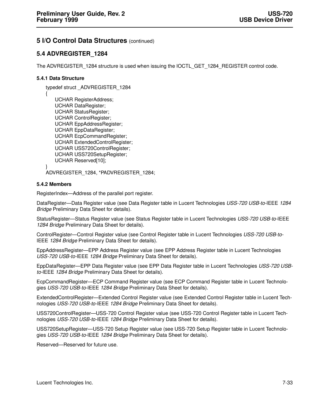 Lucent Technologies USS-720 manual ADVREGISTER1284, *PADVREGISTER1284 