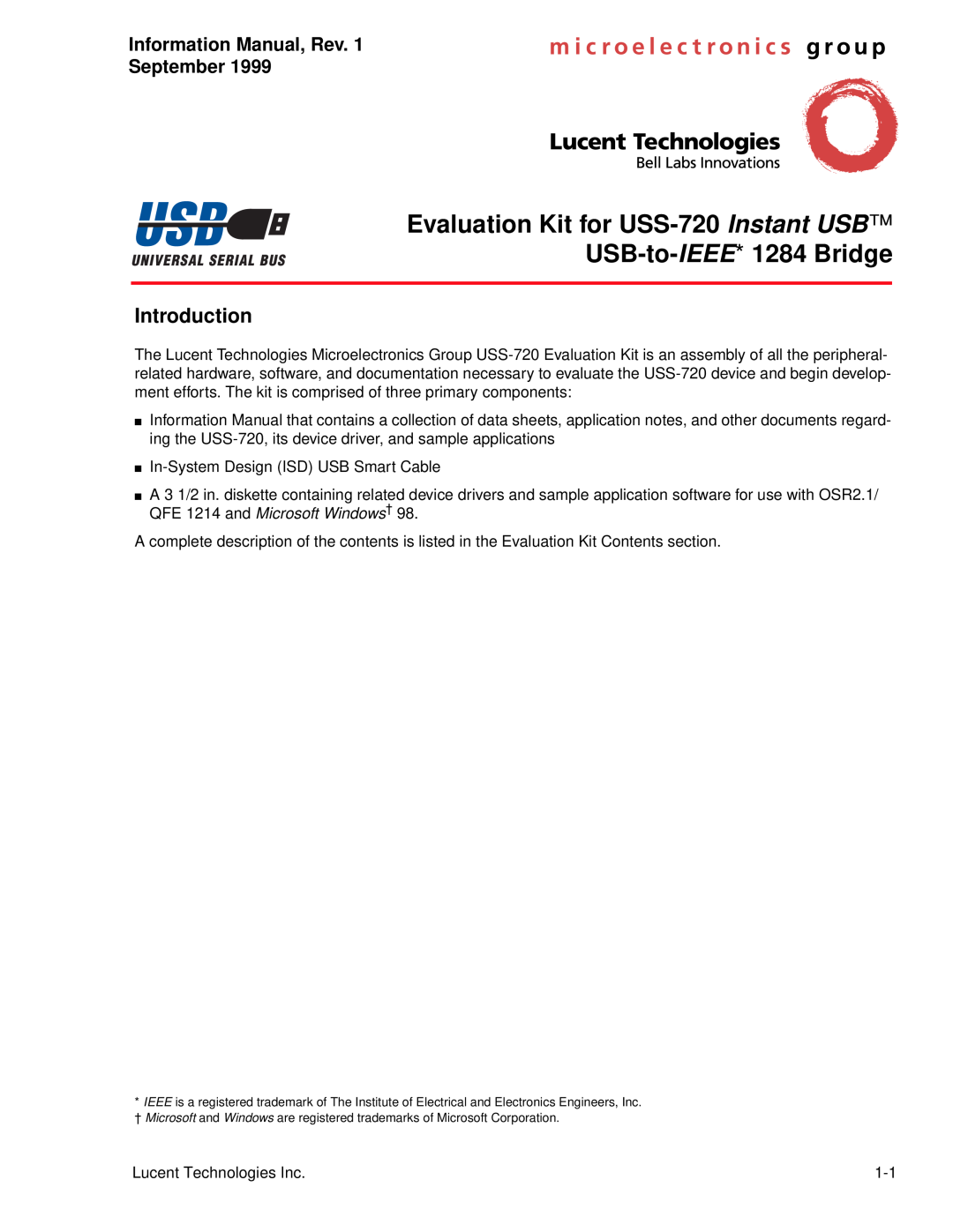 Lucent Technologies manual Evaluation Kit for USS-720 Instant USB USB-to-IEEE* 1284 Bridge, Introduction 