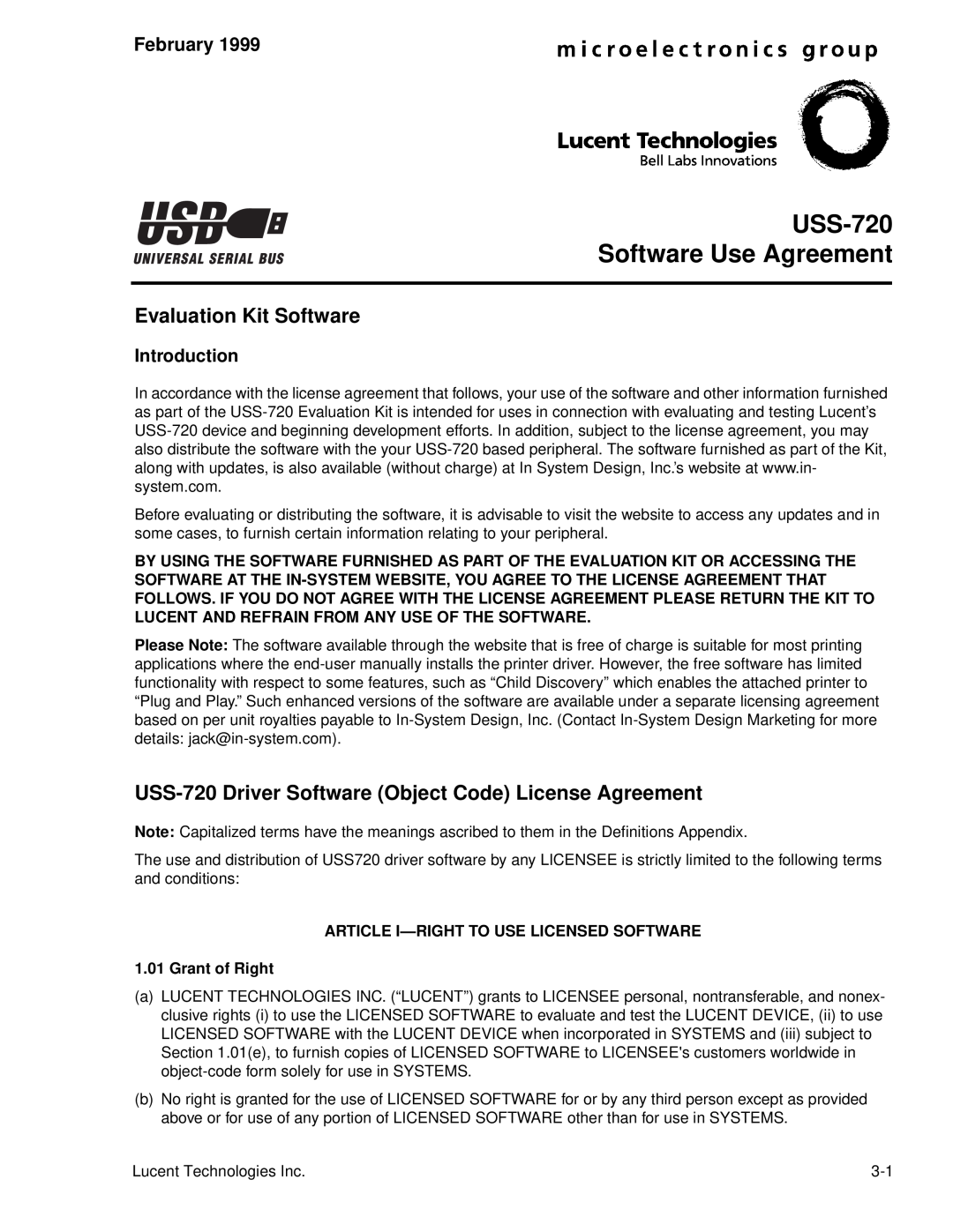 Lucent Technologies manual USS-720 Software Use Agreement, Evaluation Kit Software, February, Introduction 
