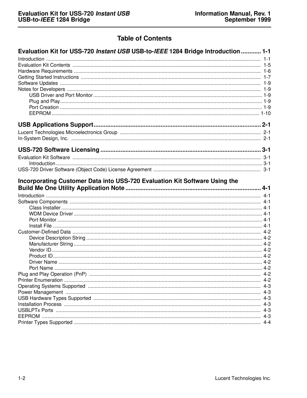 Lucent Technologies manual Table of Contents, Evaluation Kit for USS-720 Instant USB, Information Manual, Rev, September 