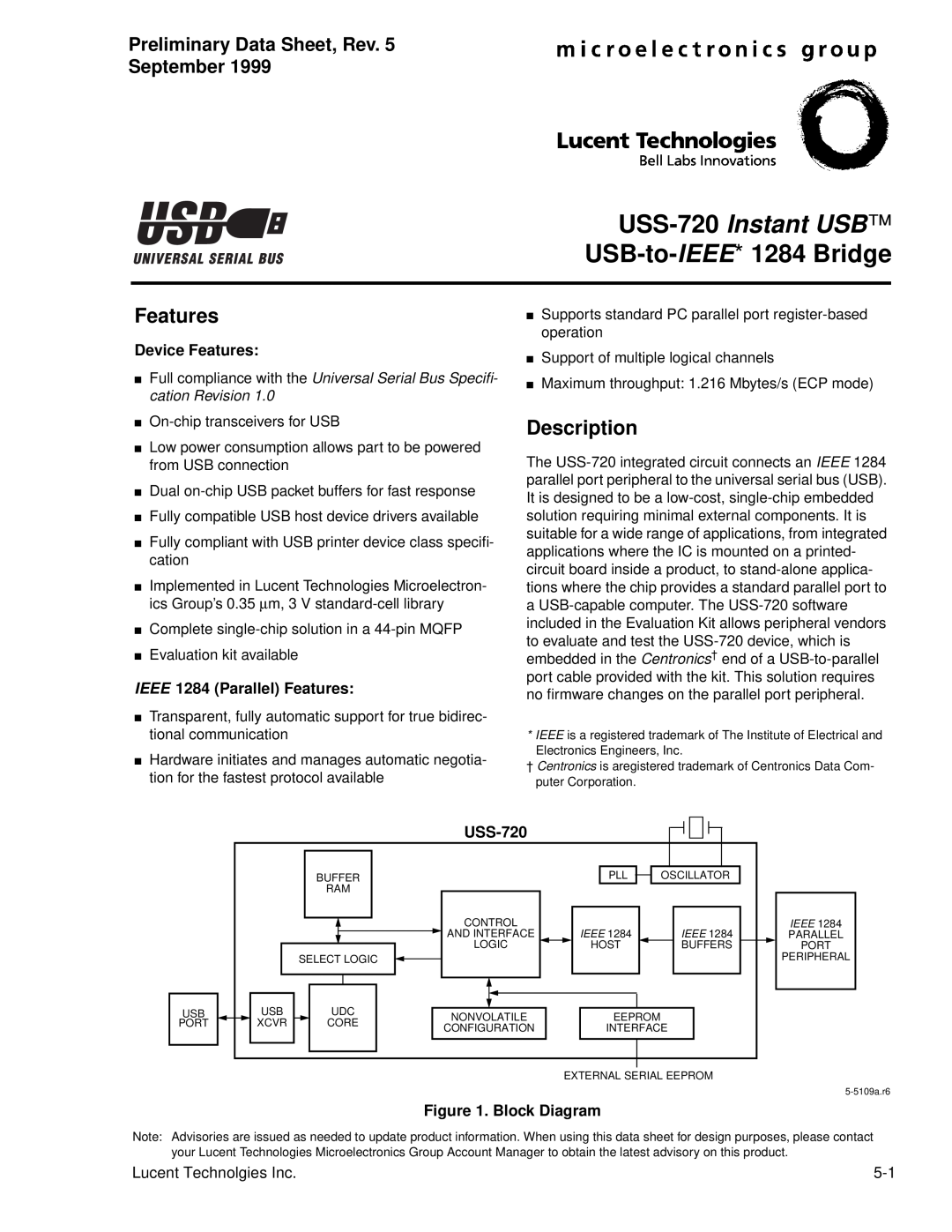 Lucent Technologies USS-720 manual USB-to-IEEE* 1284 Bridge, Features, Description, Preliminary Data Sheet, Rev September 