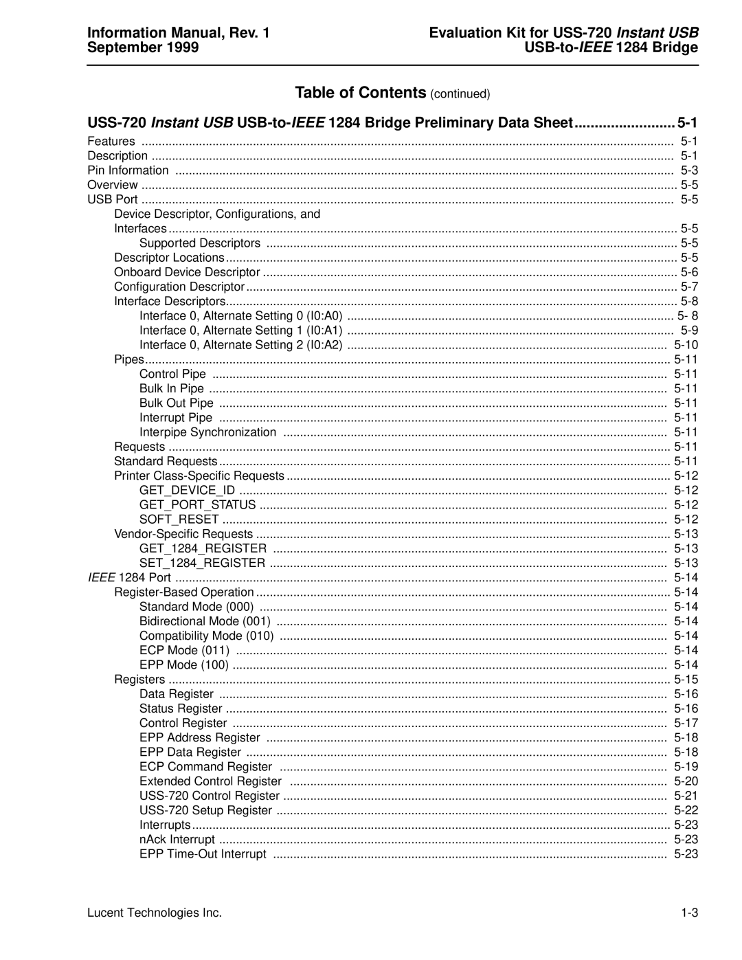 Lucent Technologies manual Table of Contents continued, Evaluation Kit for USS-720, Instant USB, USB-to-IEEE, Bridge 