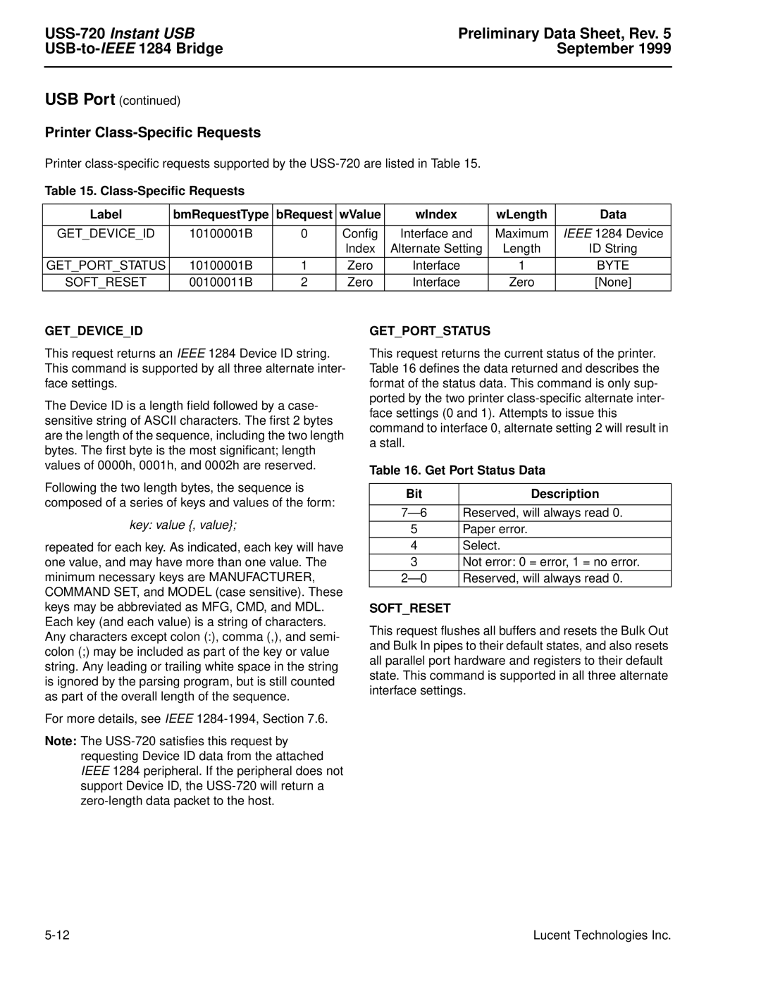 Lucent Technologies manual Printer Class-Speciﬁc Requests, USS-720 Instant USB, Preliminary Data Sheet, Rev, September 