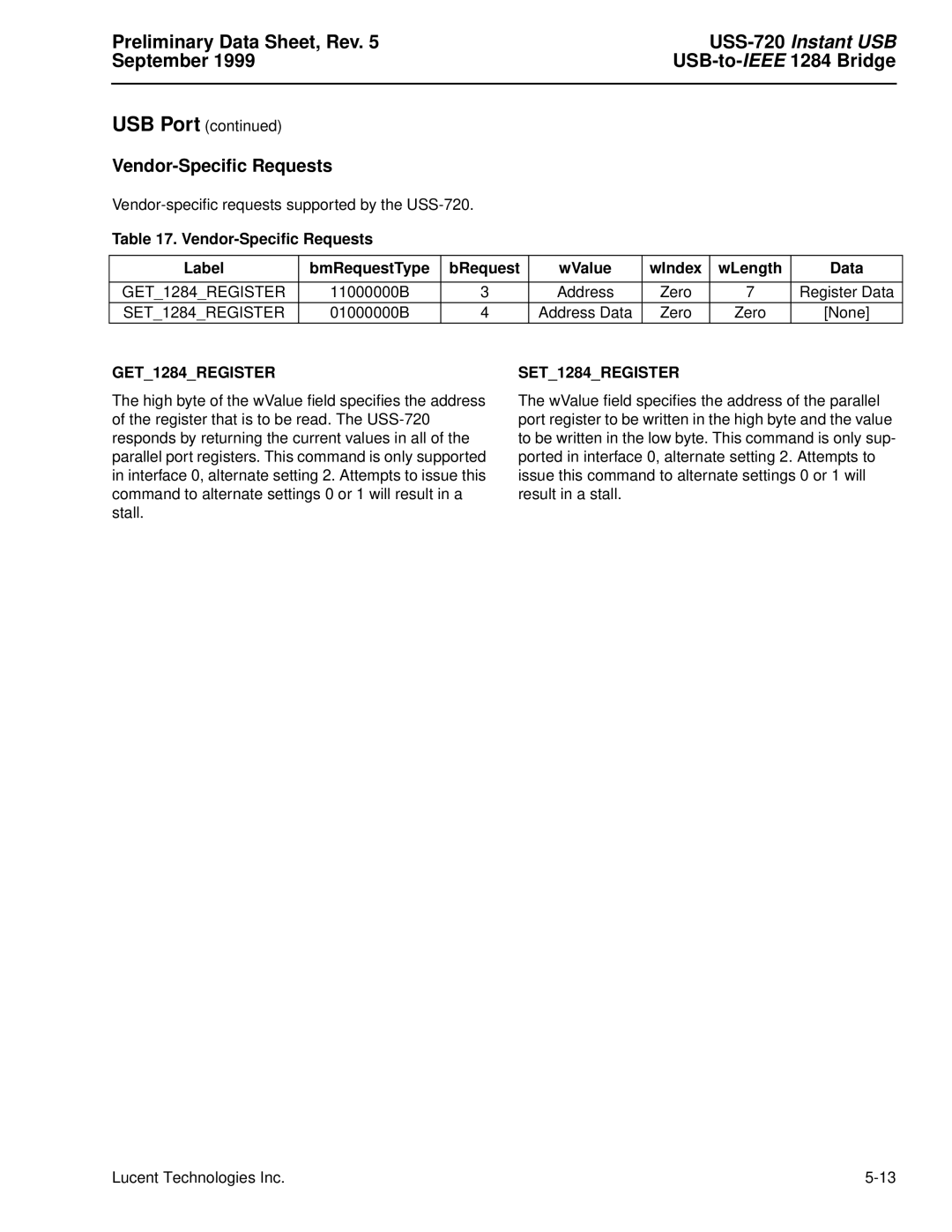 Lucent Technologies USS-720 manual Vendor-Speciﬁc Requests, Preliminary Data Sheet, Rev, Instant USB, September, Bridge 