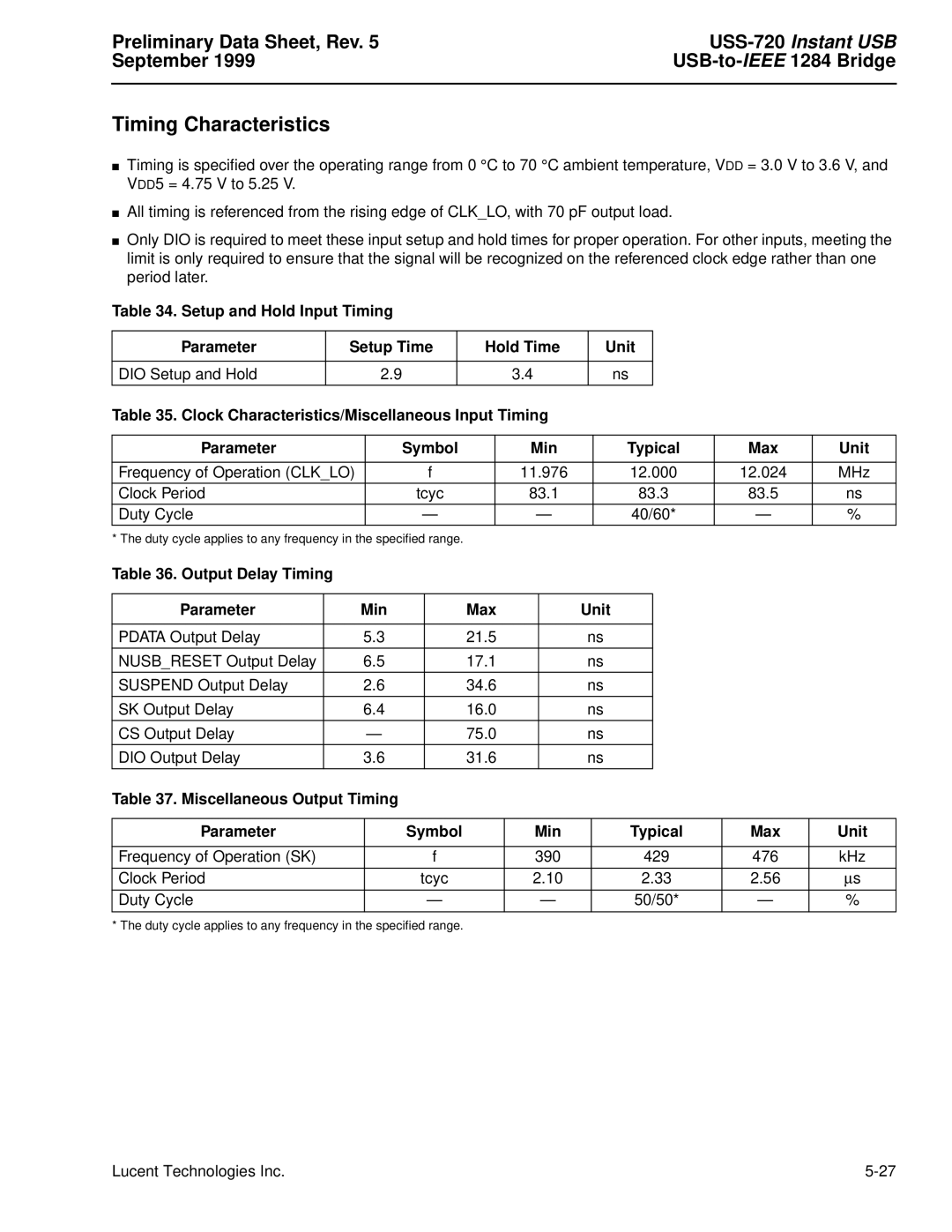 Lucent Technologies USS-720 manual Timing Characteristics, Preliminary Data Sheet, Rev, Instant USB, September, Bridge 
