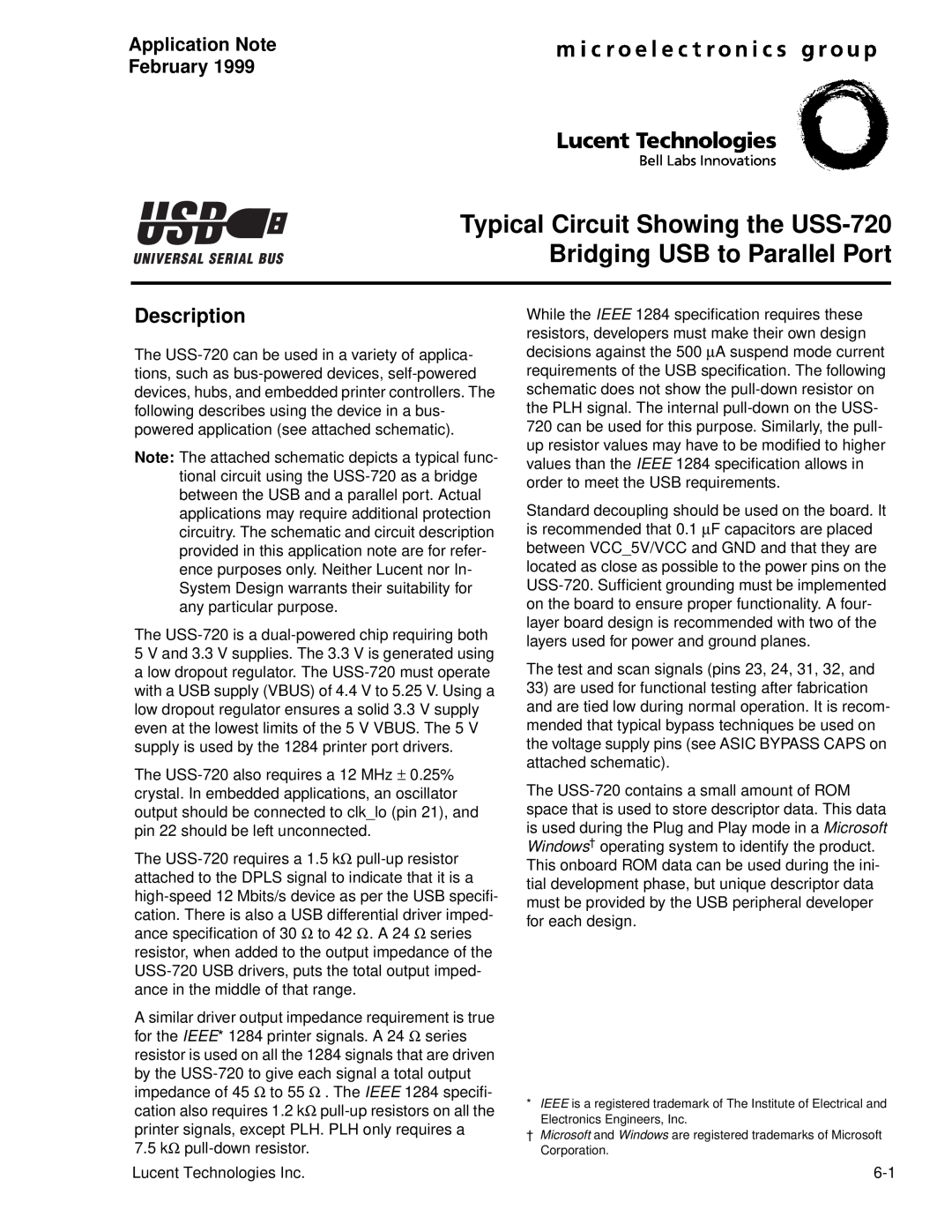 Lucent Technologies manual Typical Circuit Showing the USS-720 Bridging USB to Parallel Port, Application Note February 