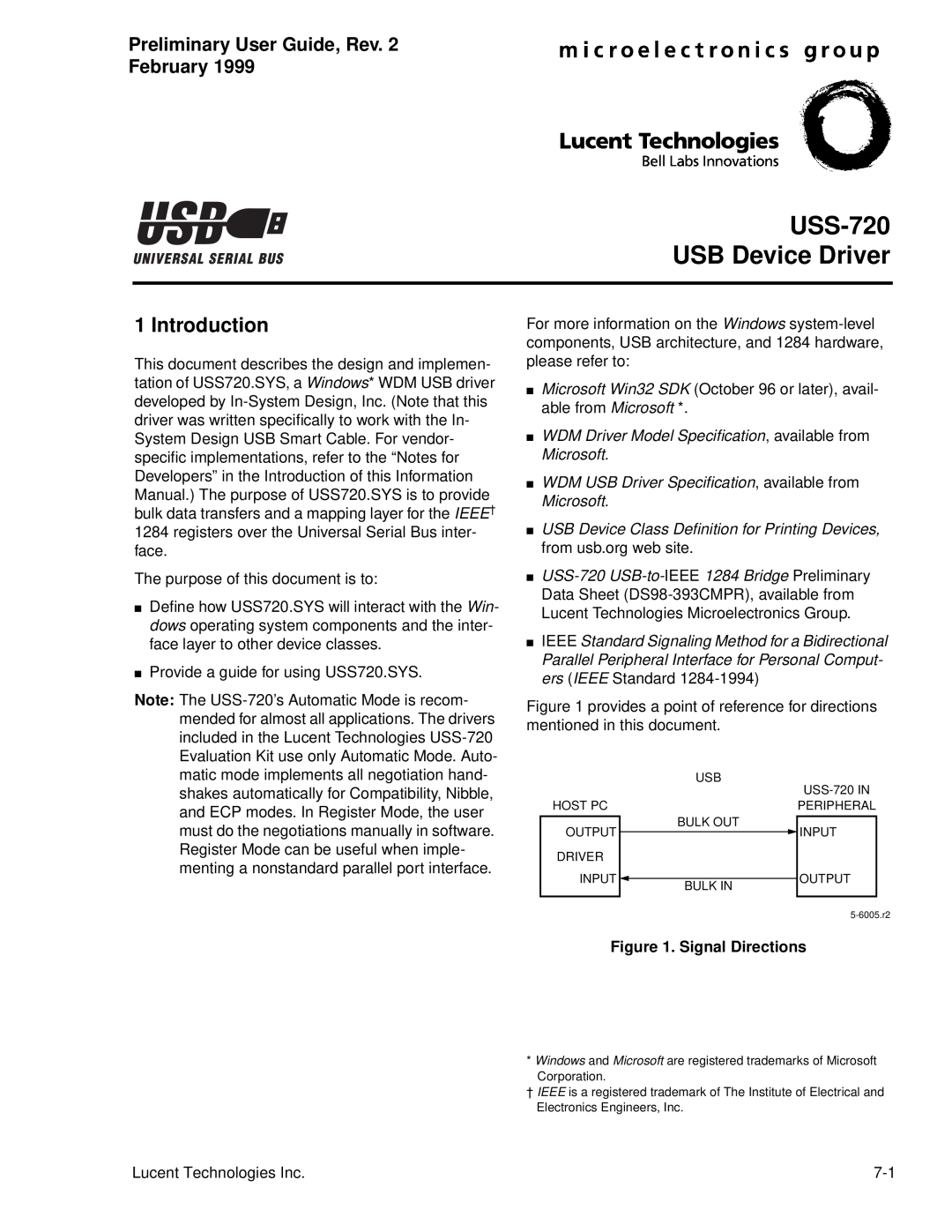 Lucent Technologies manual USS-720 USB Device Driver, Introduction, Preliminary User Guide, Rev February 