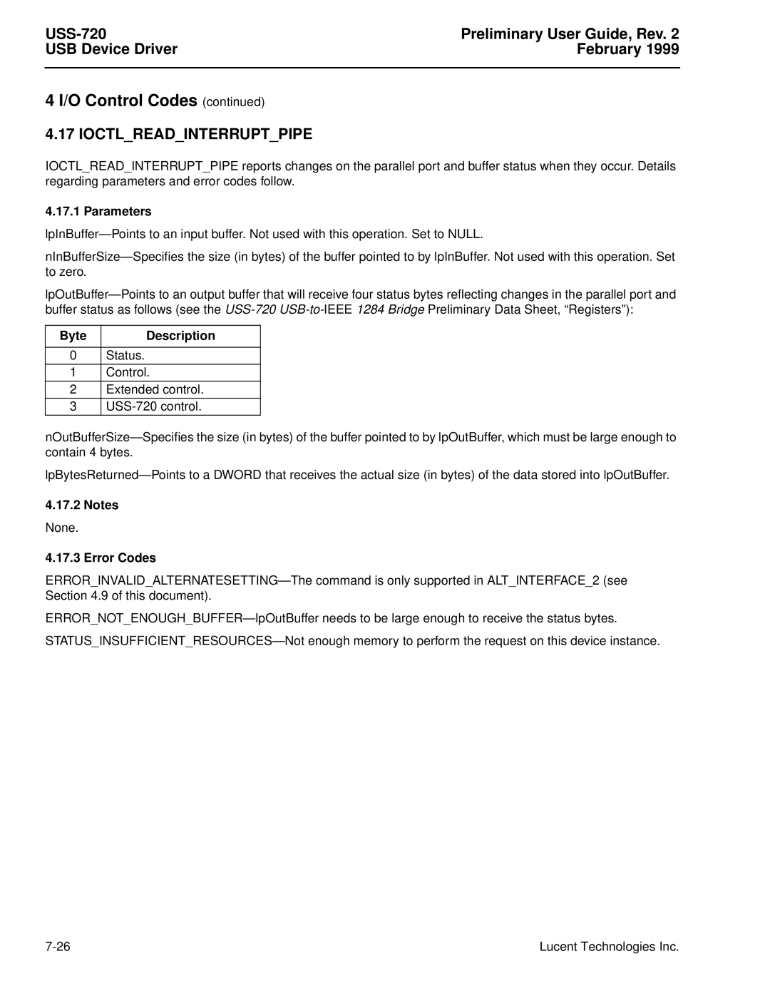 Lucent Technologies USS-720 Ioctlreadinterruptpipe, 4 I/O Control Codes continued, Preliminary User Guide, Rev, February 