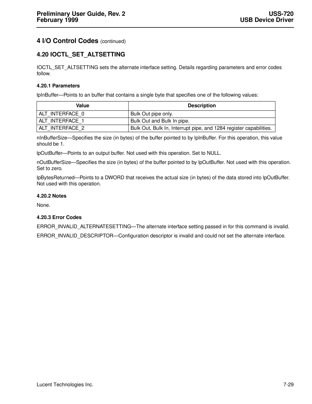 Lucent Technologies USS-720 manual Ioctlsetaltsetting, 4 I/O Control Codes continued, Preliminary User Guide, Rev, February 