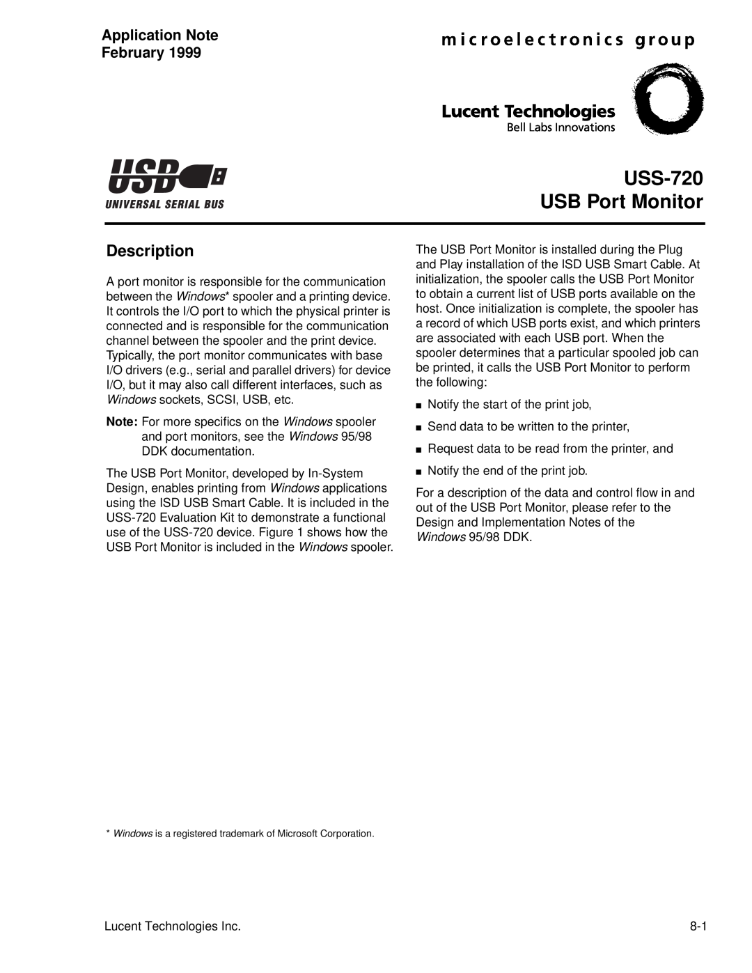 Lucent Technologies manual USS-720 USB Port Monitor, Description, Application Note February 