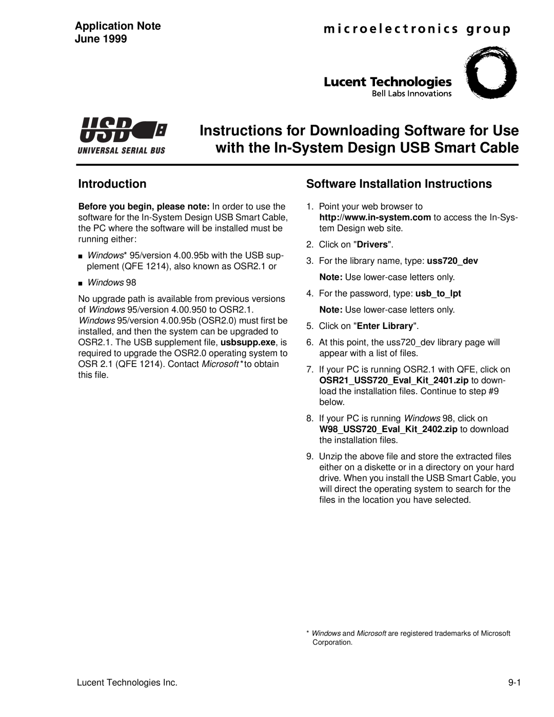 Lucent Technologies USS-720 manual Software Installation Instructions, Application Note June, Introduction 