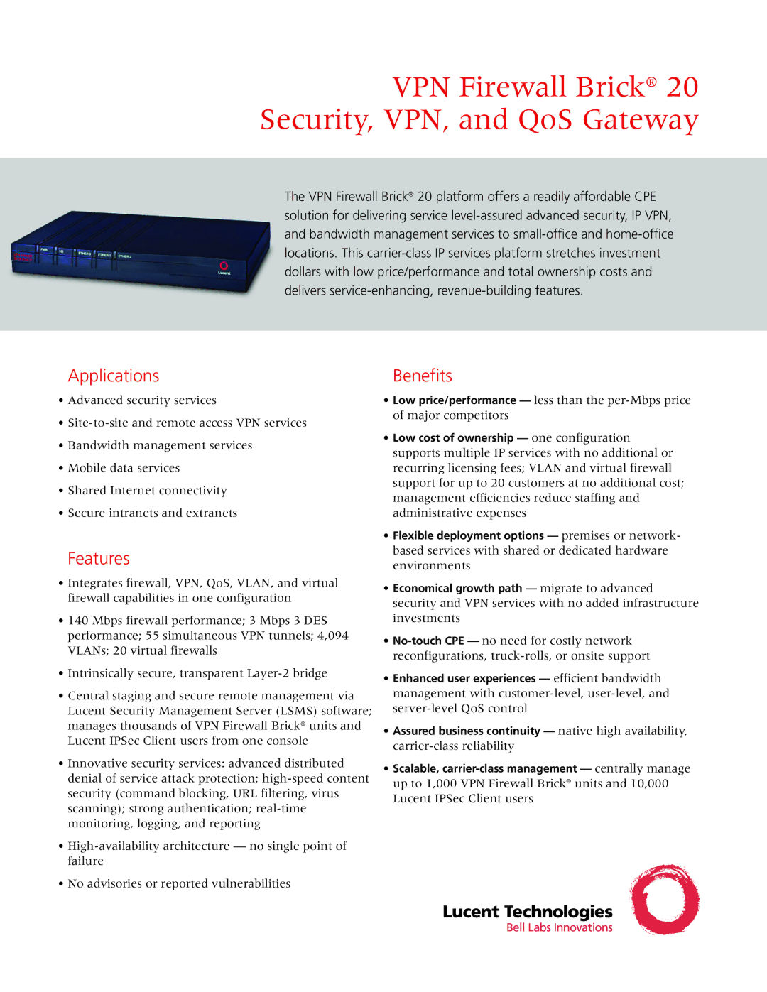 Lucent Technologies VPN Firewall Brick 20 manual Applications, Features 