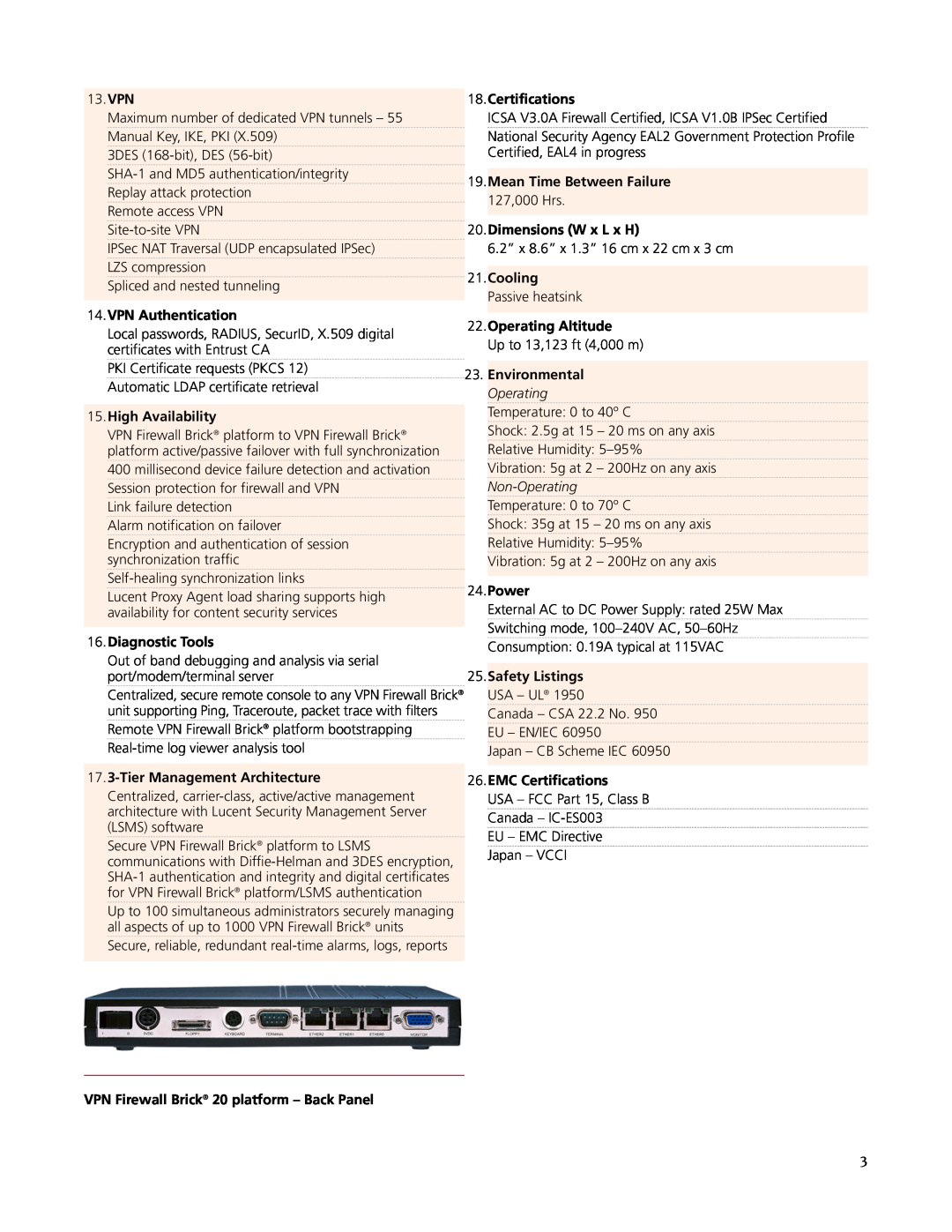 Lucent Technologies VPN Firewall Brick 20 manual Certifications 