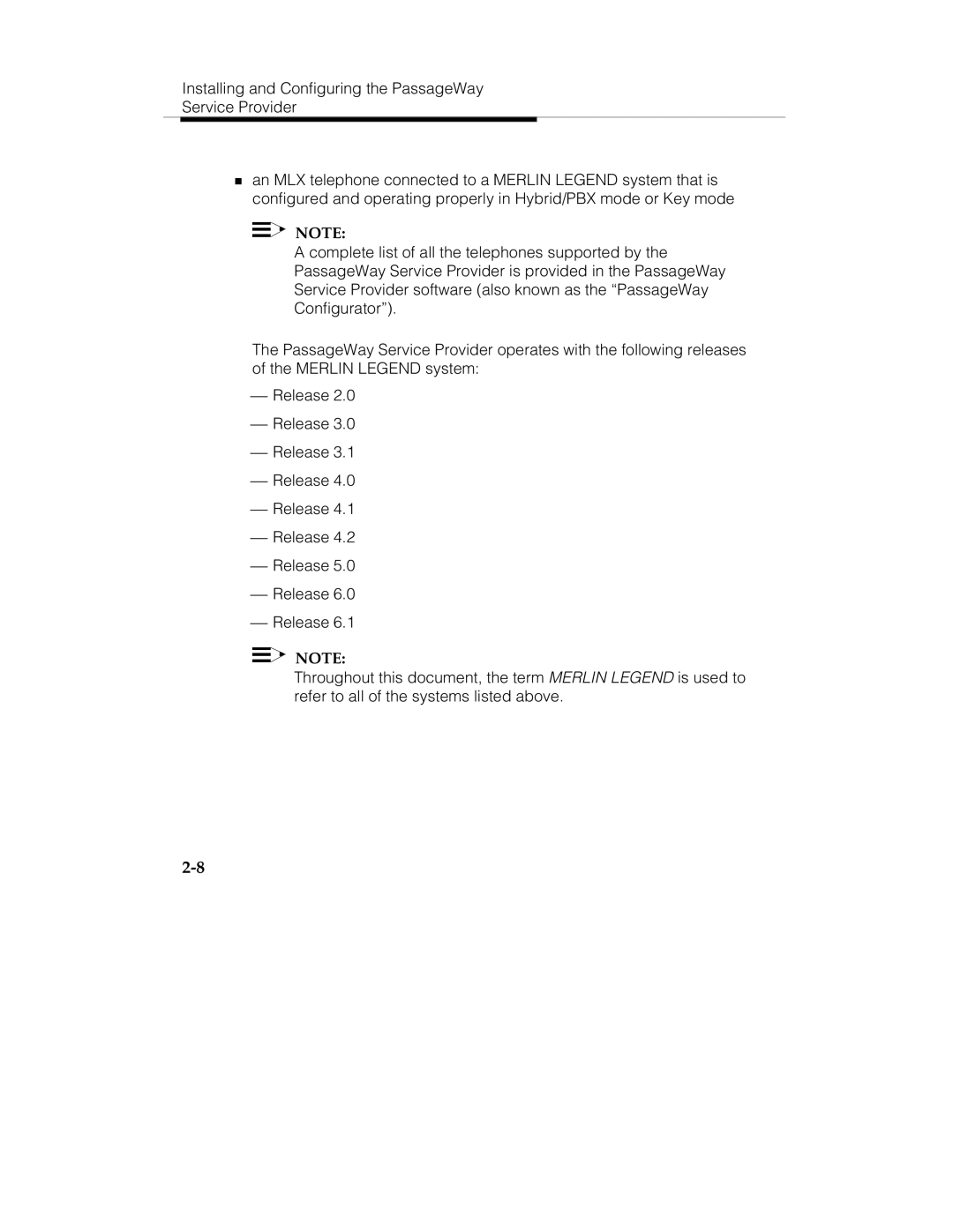 Lucent Technologies passageway service provider  for merlin legend communications system manual 