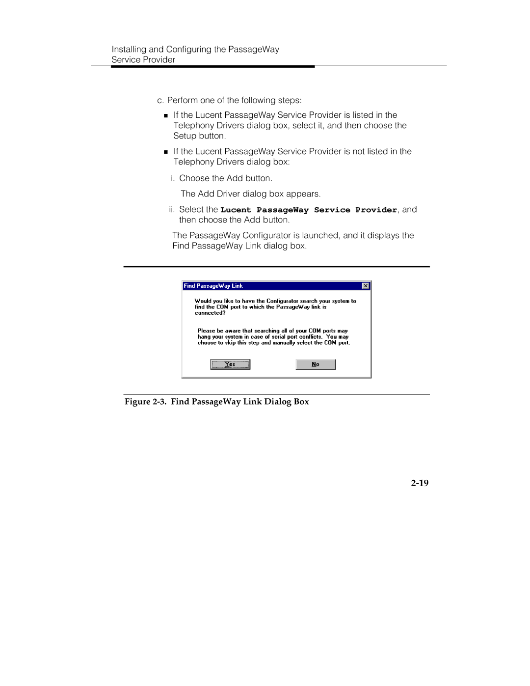 Lucent Technologies passageway service provider  for merlin legend communications system Find PassageWay Link Dialog Box 