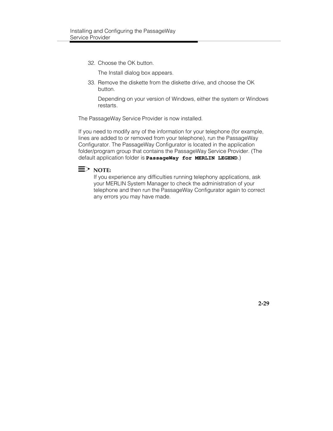 Lucent Technologies passageway service provider  for merlin legend communications system manual 