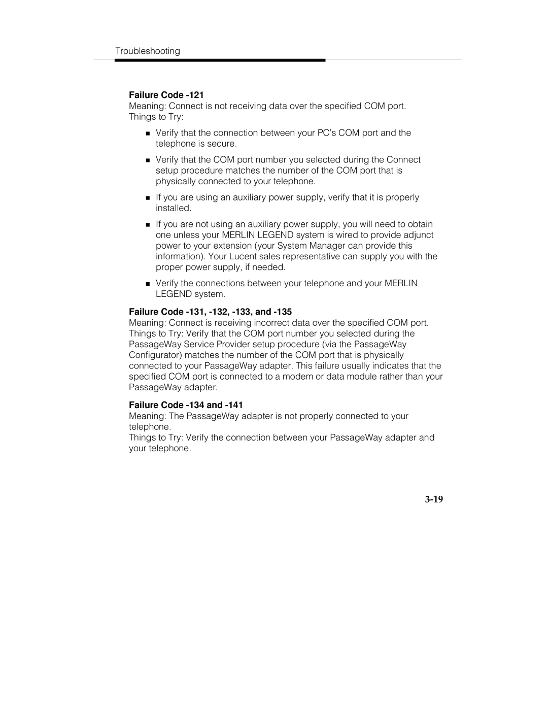 Lucent Technologies passageway service provider  for merlin legend communications system manual Failure Code -134 