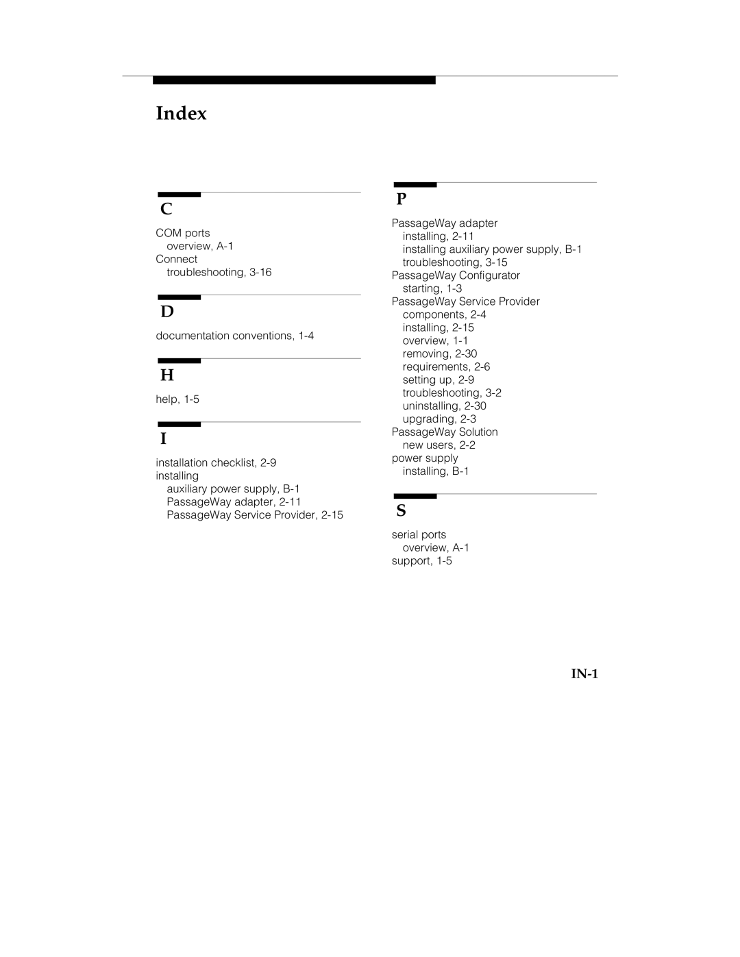 Lucent Technologies passageway service provider  for merlin legend communications system manual Index, IN-1 