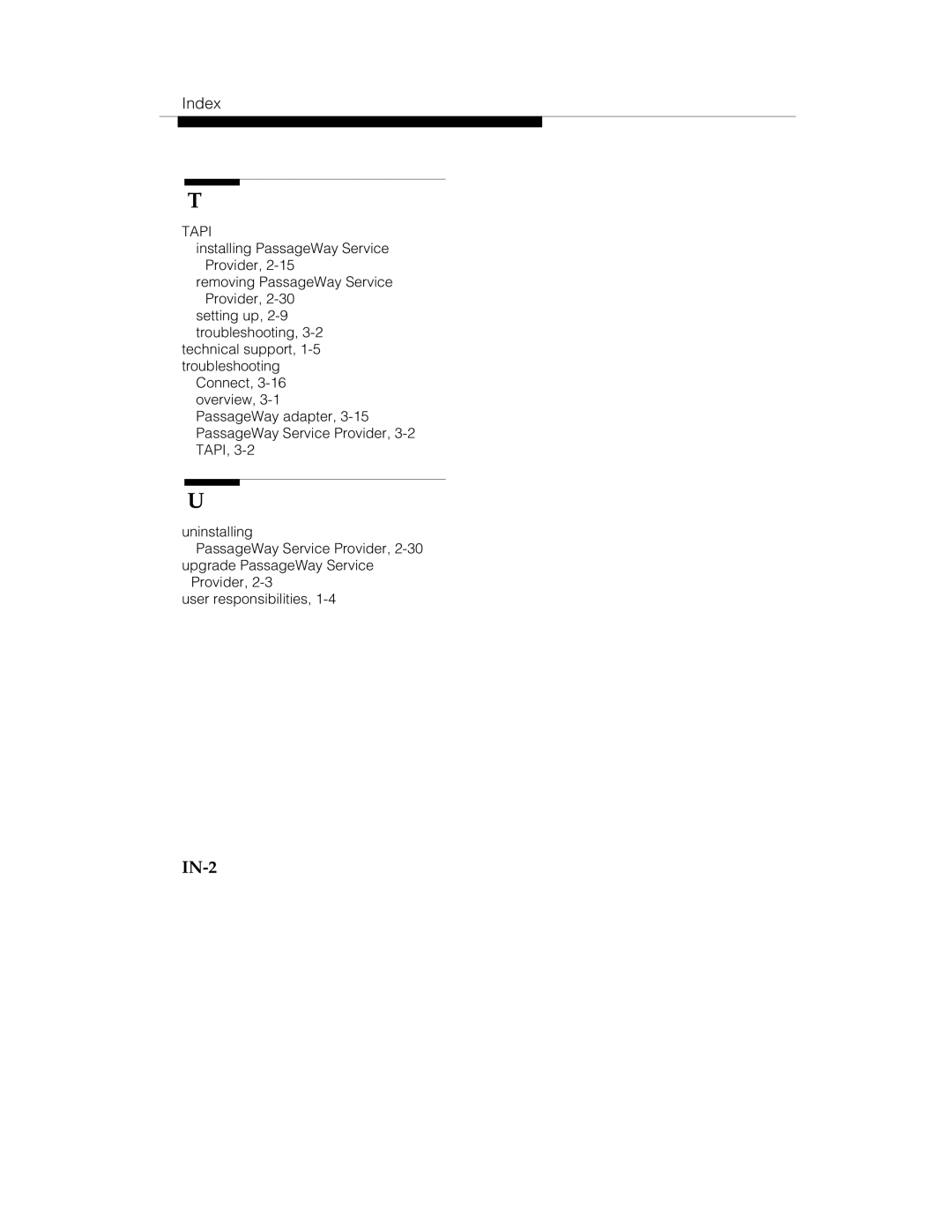 Lucent Technologies passageway service provider  for merlin legend communications system manual IN-2, Index 