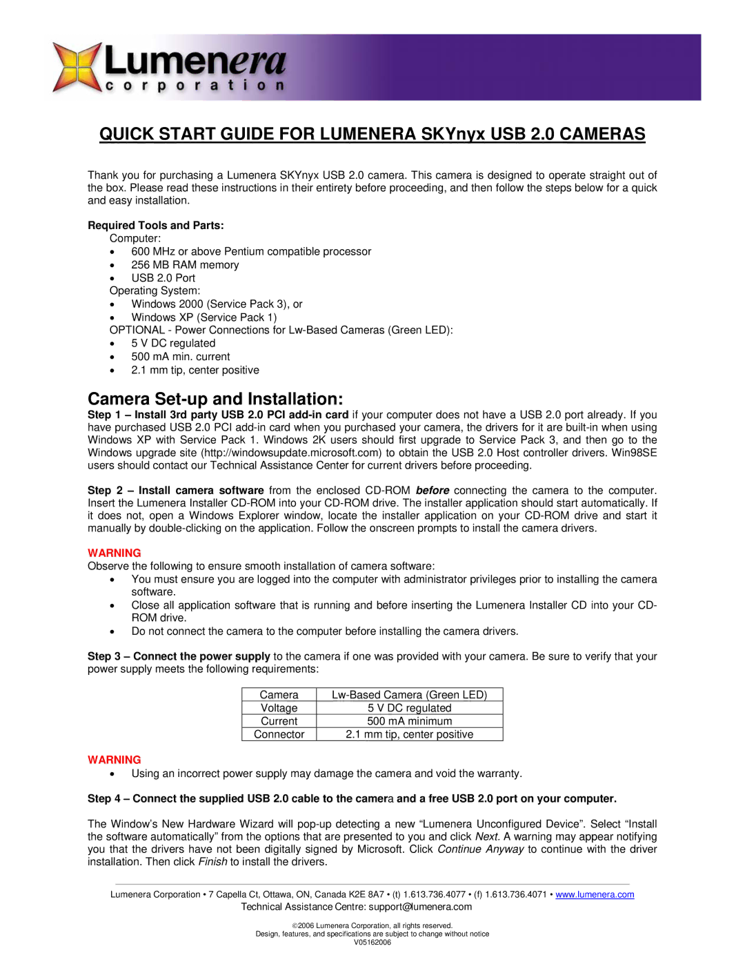 Lumenera UBS 2.0 manual Quick Start Guide for Lumenera SKYnyx USB 2.0 Cameras, Camera Set-up and Installation 