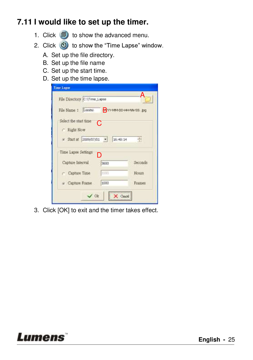 Lumens Technology DC120 user manual Would like to set up the timer 