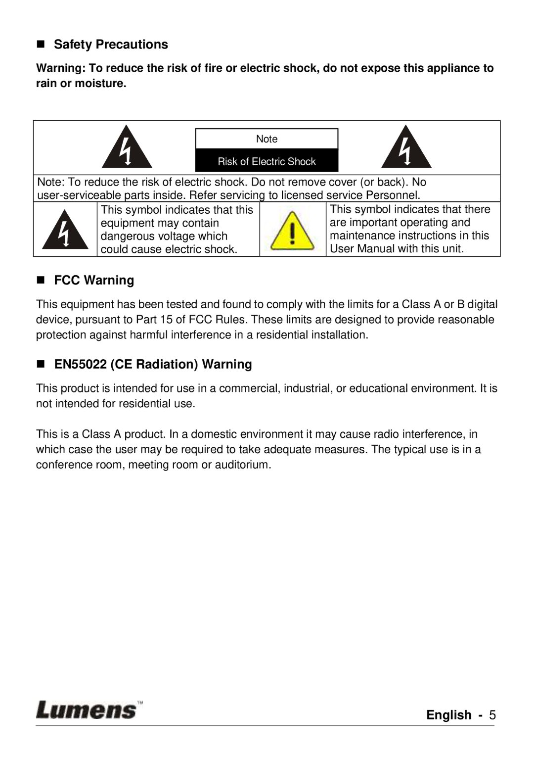 Lumens Technology DC120 user manual  Safety Precautions 