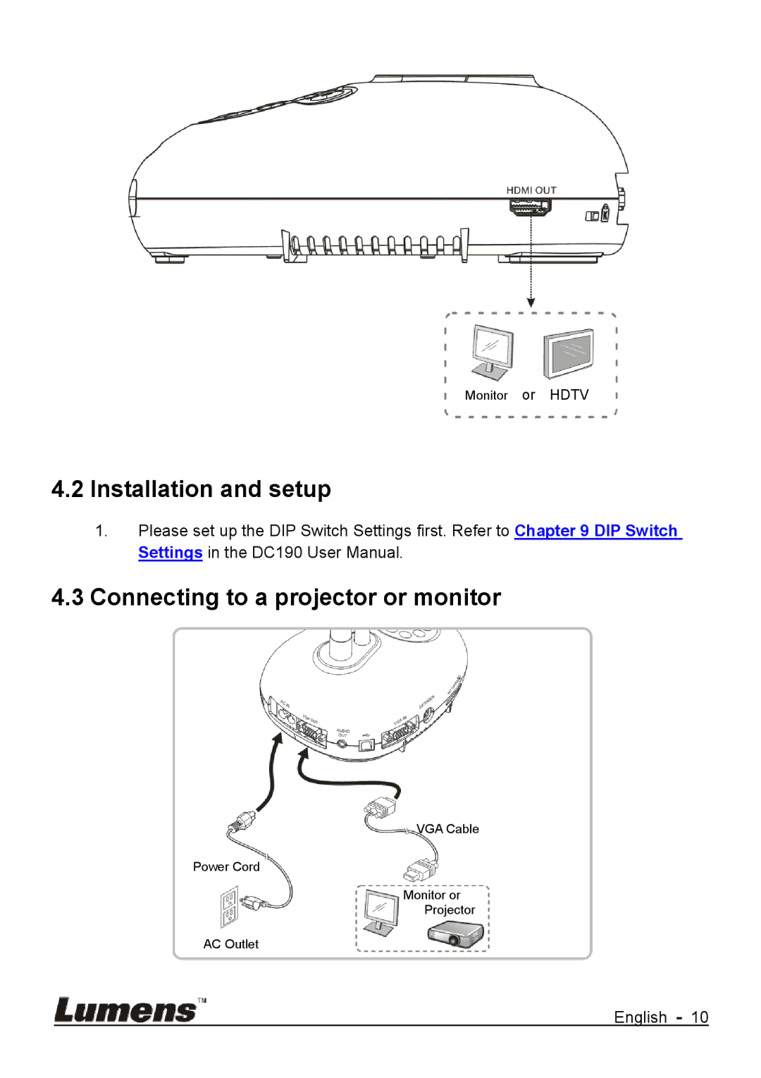 Lumens Technology DC170 user manual Installation and setup Connecting to a projector or monitor 