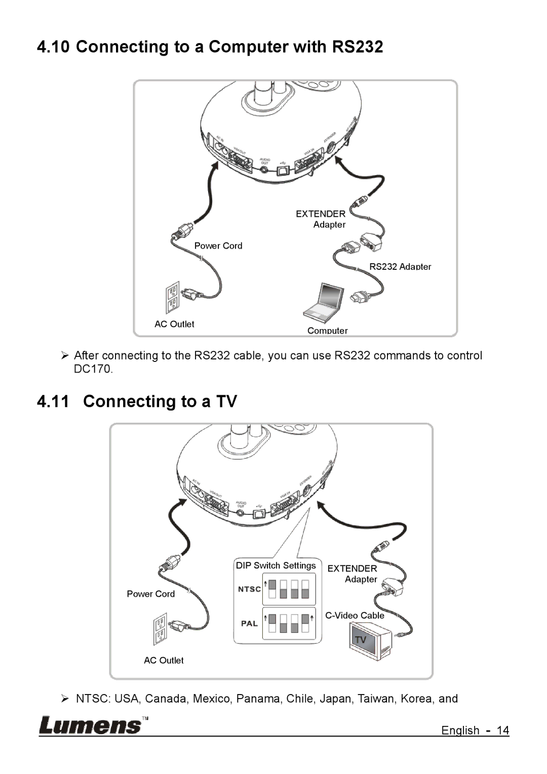 Lumens Technology DC170 user manual Connecting to a Computer with RS232, Connecting to a TV 