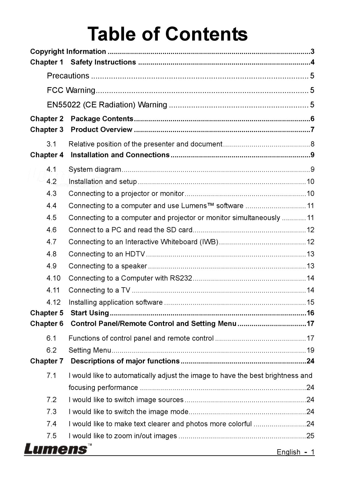 Lumens Technology DC170 user manual Table of Contents 