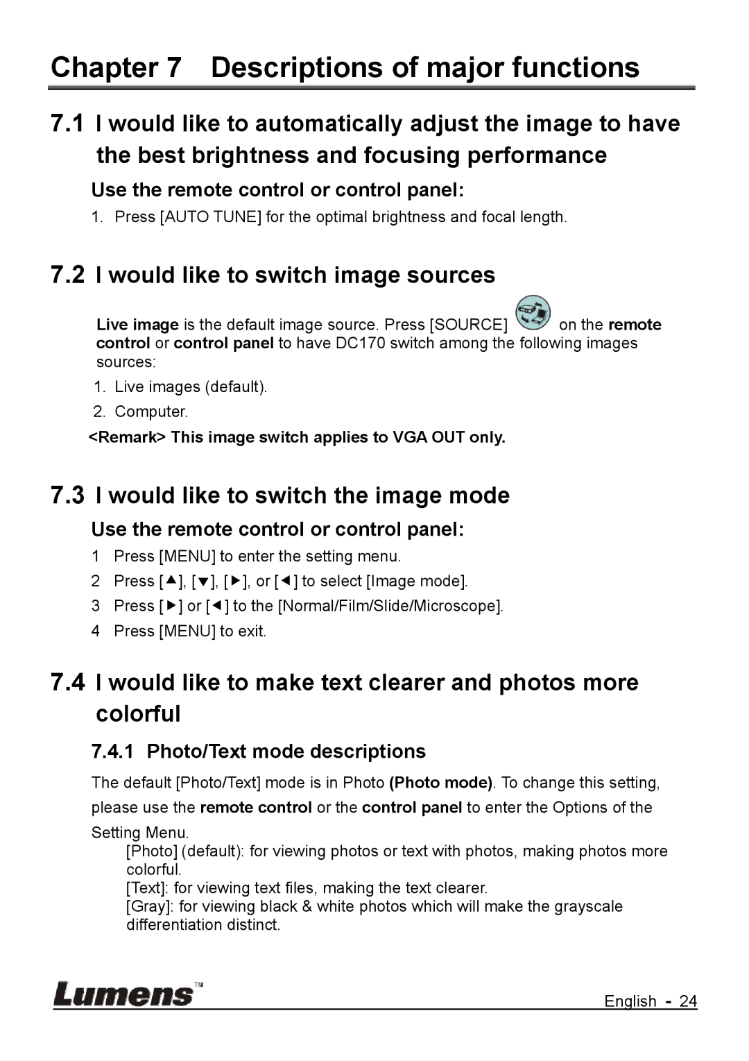 Lumens Technology DC170 user manual Descriptions of major functions, Would like to switch image sources 