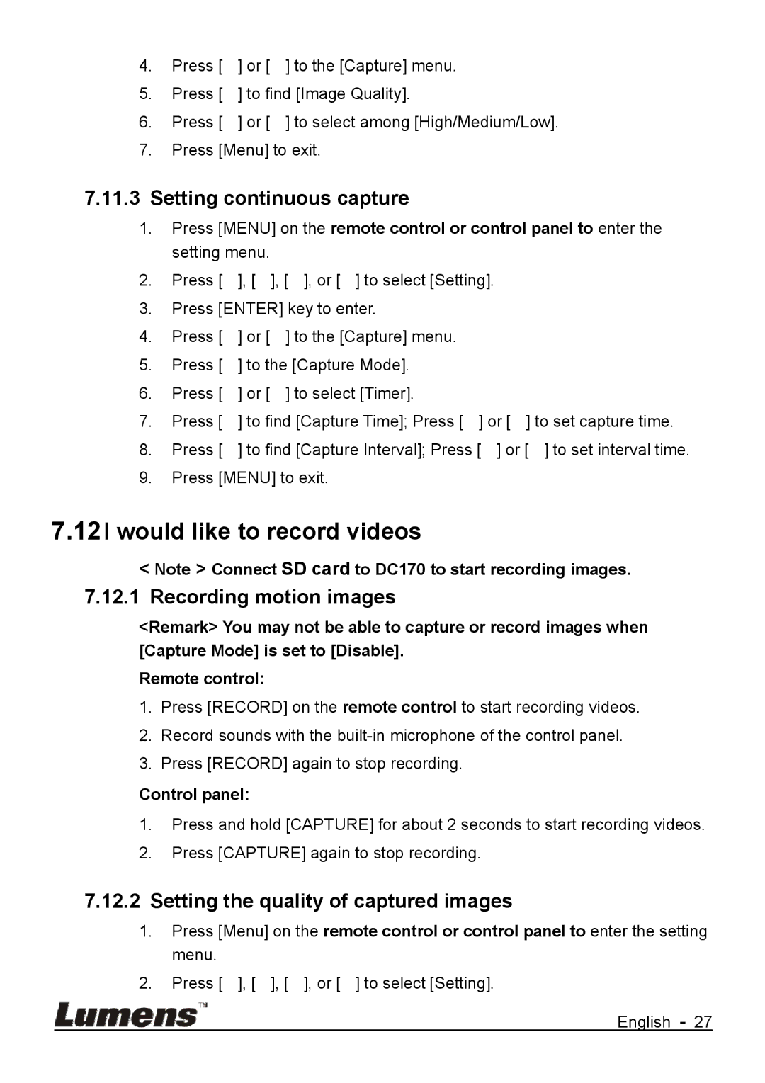 Lumens Technology DC170 user manual Would like to record videos, Setting continuous capture, Recording motion images 