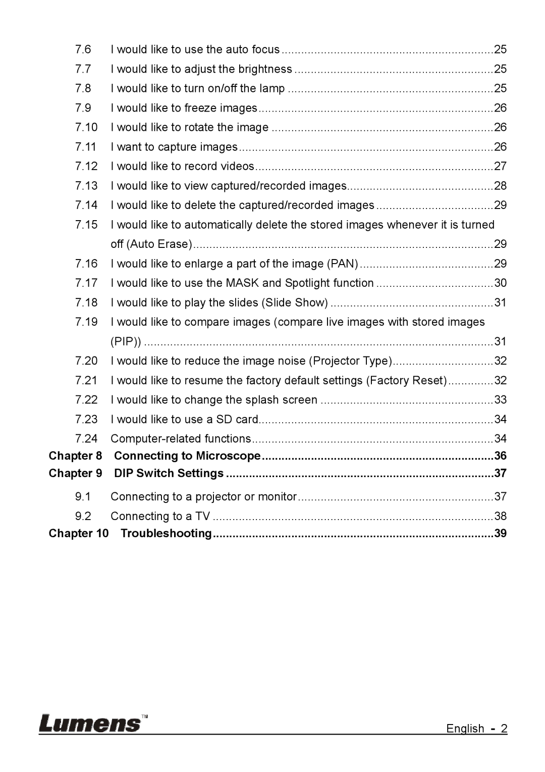 Lumens Technology DC170 user manual Connecting to Microscope DIP Switch Settings, Chapter Troubleshooting 