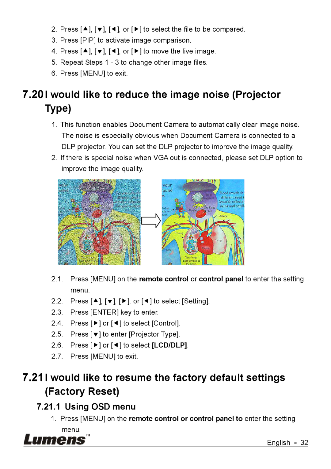 Lumens Technology DC170 user manual Would like to reduce the image noise Projector Type, Using OSD menu 