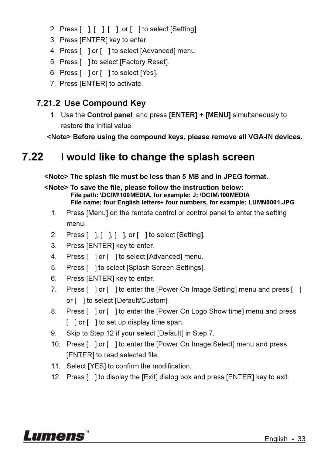 Lumens Technology DC170 user manual Would like to change the splash screen, Use Compound Key 