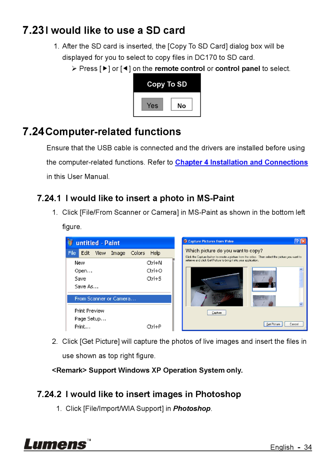 Lumens Technology DC170 Would like to use a SD card, Computer-related functions, Would like to insert a photo in MS-Paint 