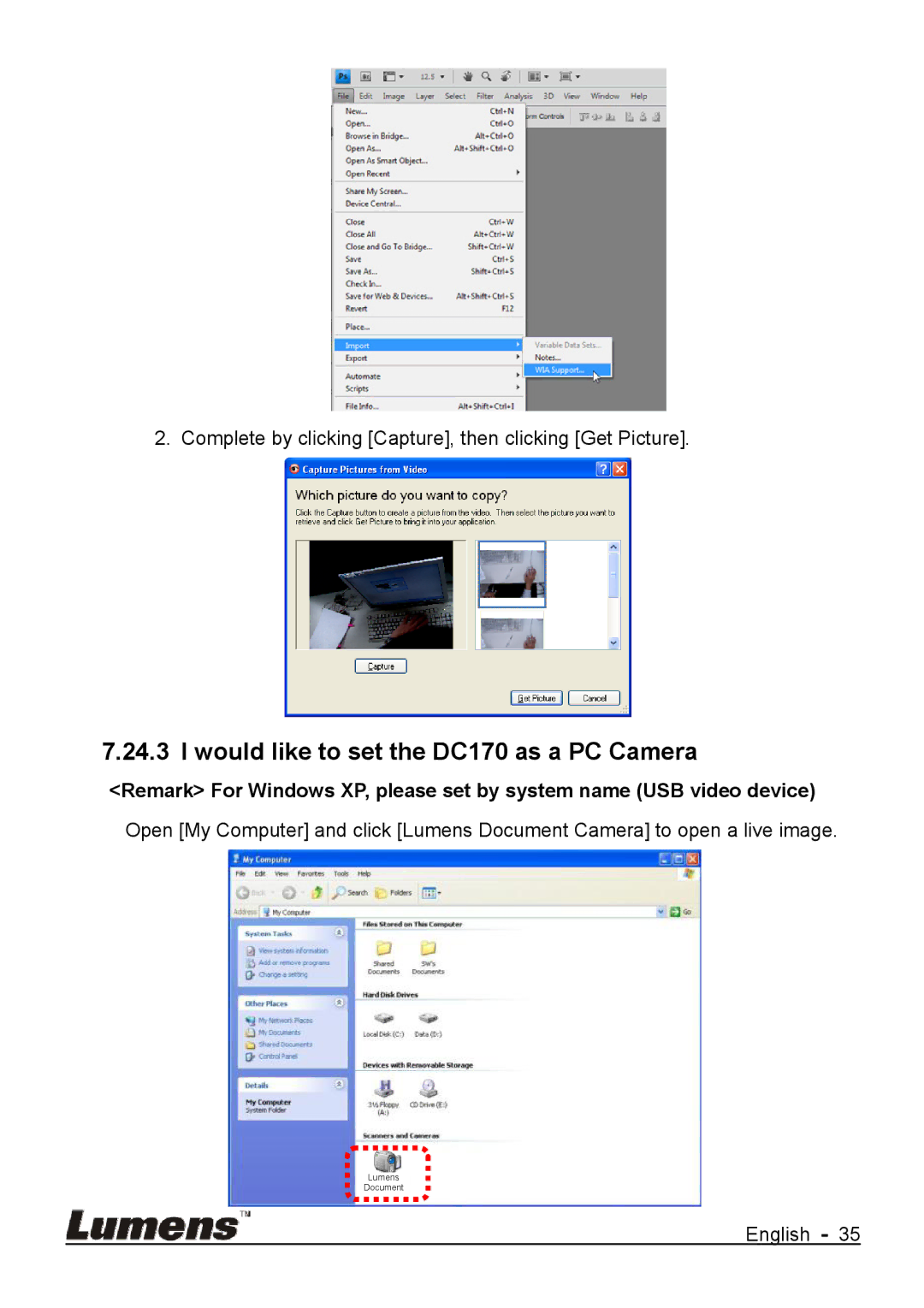 Lumens Technology user manual Would like to set the DC170 as a PC Camera 