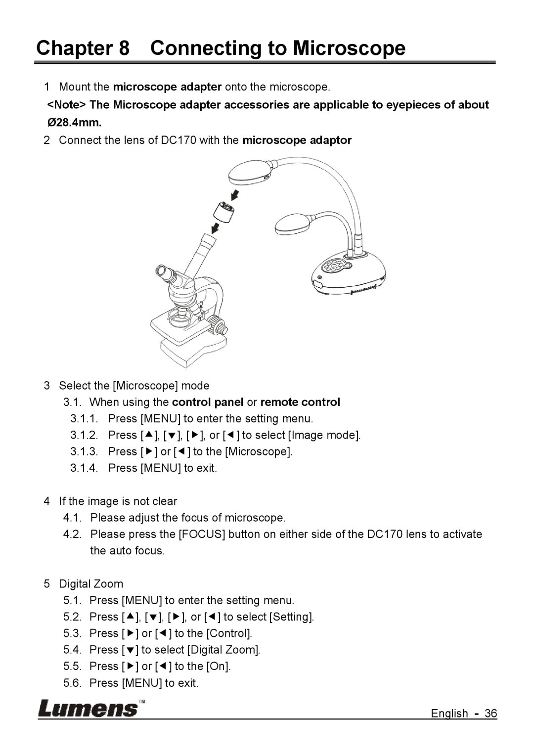 Lumens Technology DC170 user manual Connecting to Microscope, When using the control panel or remote control 