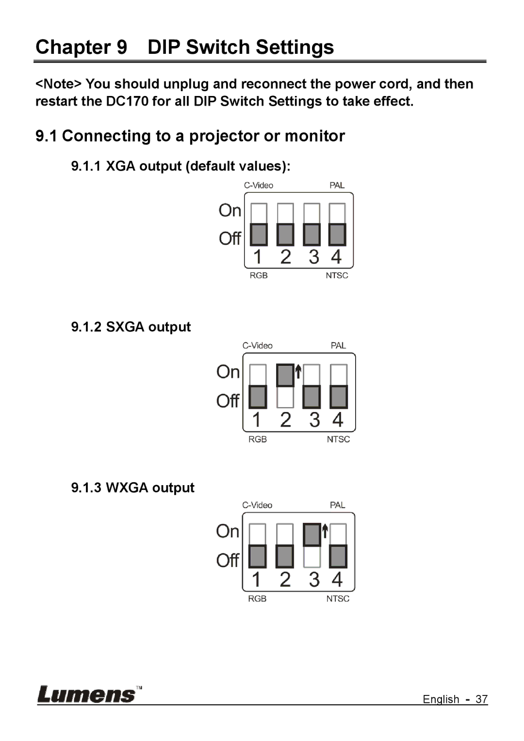 Lumens Technology DC170 user manual DIP Switch Settings, XGA output default values Sxga output Wxga output 