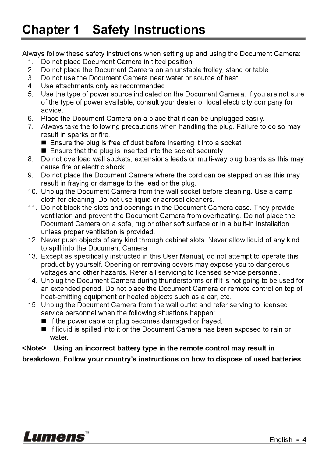 Lumens Technology DC170 user manual Safety Instructions 