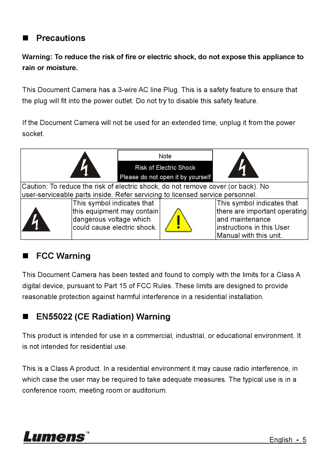 Lumens Technology DC170 user manual  Precautions,  FCC Warning,  EN55022 CE Radiation Warning 