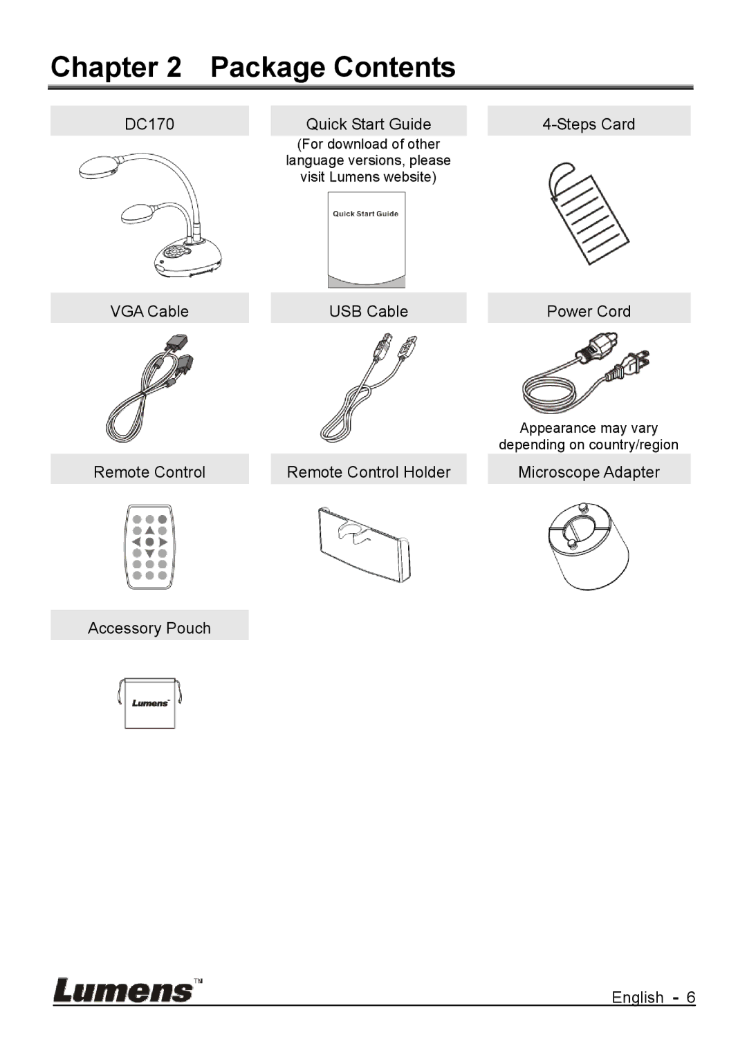 Lumens Technology DC170 user manual Package Contents 