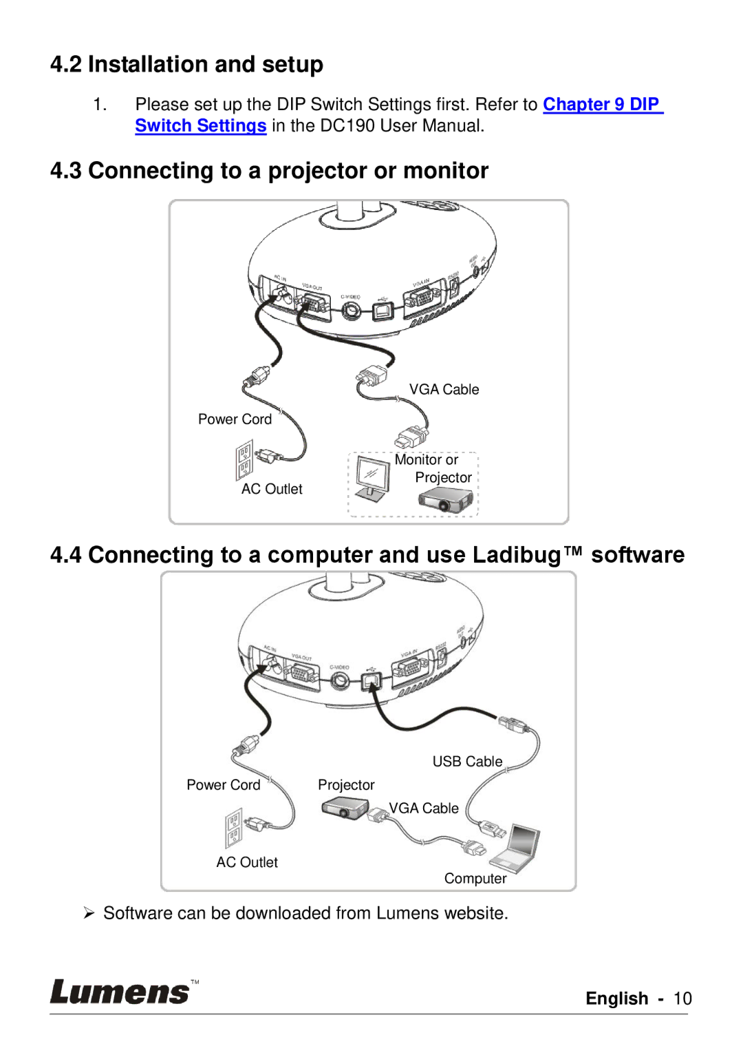 Lumens Technology DC190 user manual Installation and setup Connecting to a projector or monitor 