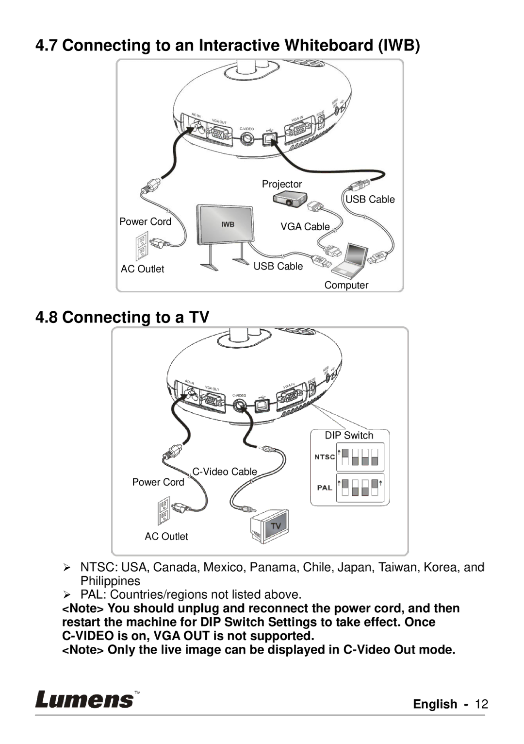 Lumens Technology DC190 user manual Connecting to an Interactive Whiteboard IWB, Connecting to a TV 