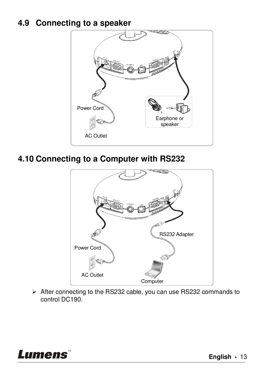 Lumens Technology DC190 user manual Connecting to a speaker, Connecting to a Computer with RS232 