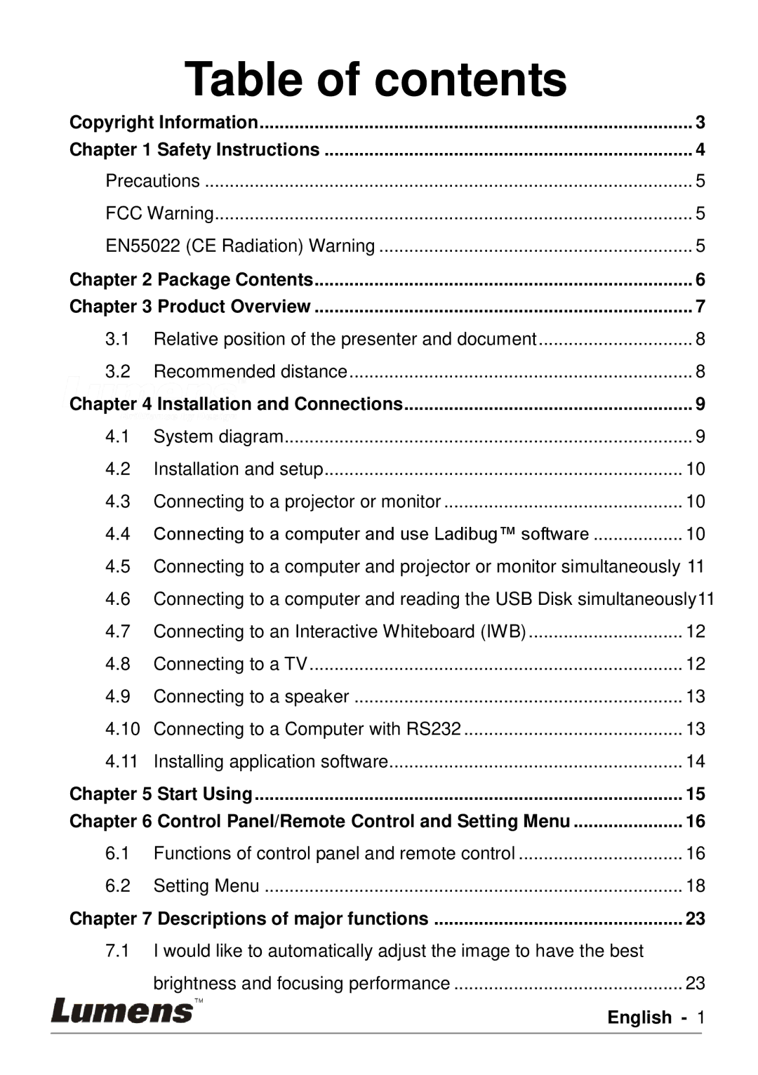 Lumens Technology DC190 user manual Table of contents 