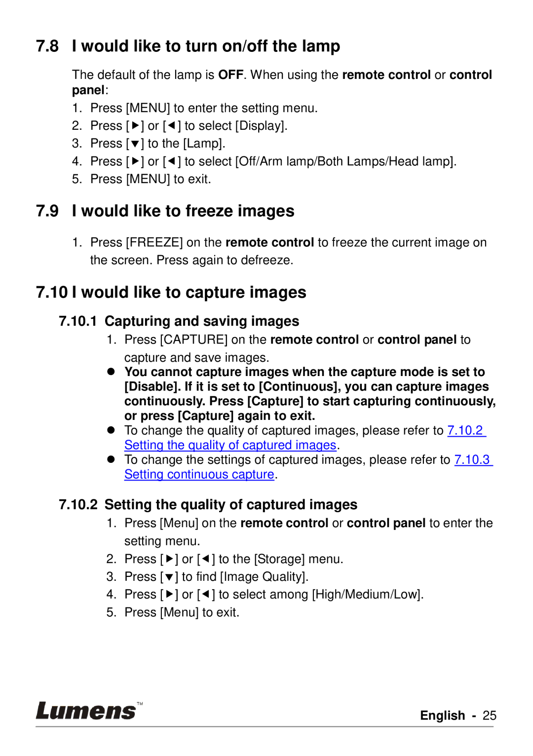 Lumens Technology DC190 Would like to turn on/off the lamp, Would like to freeze images, Would like to capture images 